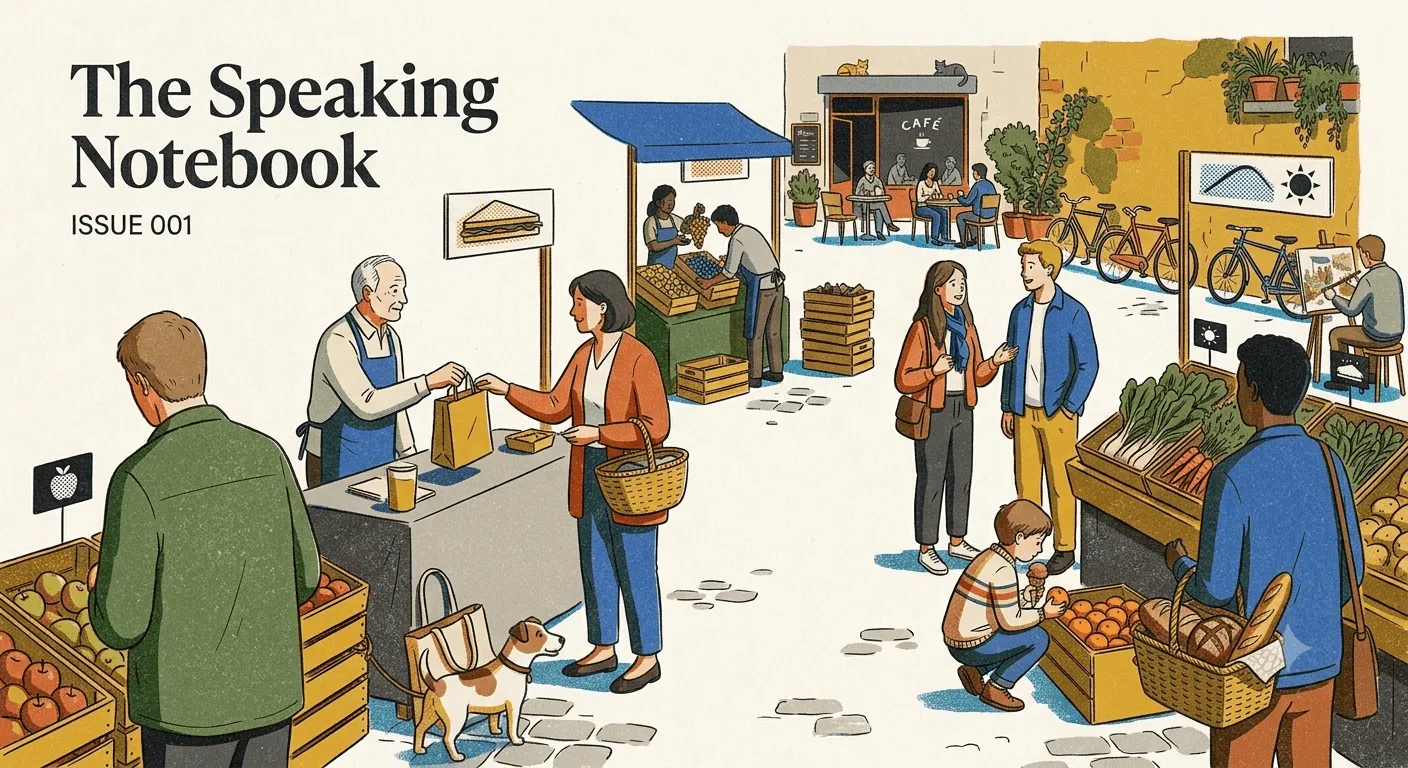 An illustrated outdoor street market. Closest to the viewer, a man in a green jacket stands with his back turned beside crates of apples, while a stallholder in an apron hands a paper bag to a woman carrying a wicker basket, a small dog at her feet. Further in, a blue awning shelters two people sorting fruit into wooden crates. Beyond them a café with people at outdoor tables, a cat resting above the doorway. To one side, a couple talking, a child crouching by a crate of oranges, and a vegetable stall. Bicycles are parked against a yellow wall hung with potted plants.