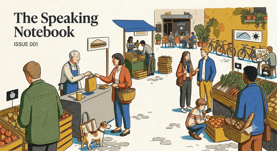 An illustrated outdoor street market. A man in a green jacket stands beside crates of apples while a stallholder hands a paper bag to a woman with a small dog. Under a blue awning two people sort fruit into crates; beyond them a café with outdoor tables. Bicycles are parked against a yellow wall hung with potted plants.